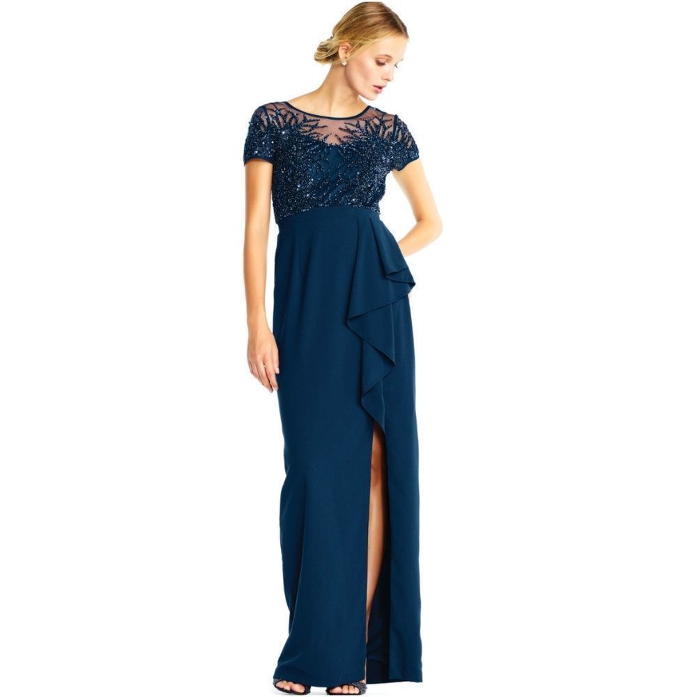Adrianna Papell  Beaded Gown with Cascade Petite